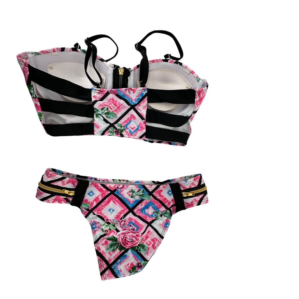 Bikini Set Bustier Push Up Women M Pink Floral Geometric Zipper Detail - Picture 2 of 7